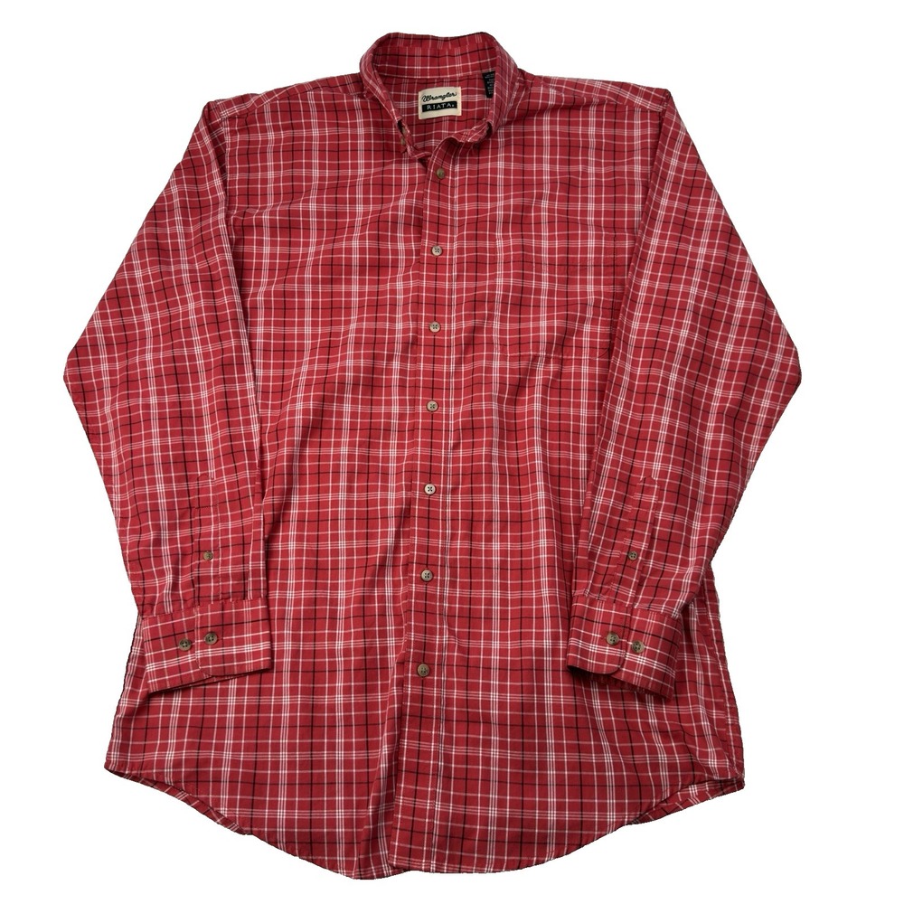 Wrangler Riata Men's Large Tall‎ Western Button-Down Shirt Red Plaid Long Sleeve